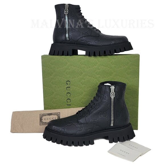 GUCCI BOOTS MENS ANKLE BLACK GG LOGO LEATHER ZIPPER LACE-UP sz 9.5 10 US main image 5